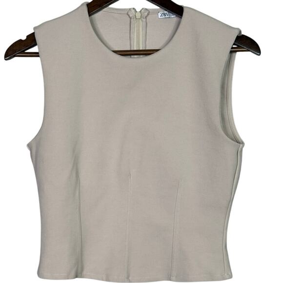 Zara Sleeveless Detailed Lining Fitted Classy Blouse Top Back Zip Up L Beige - Picture 10 of 14